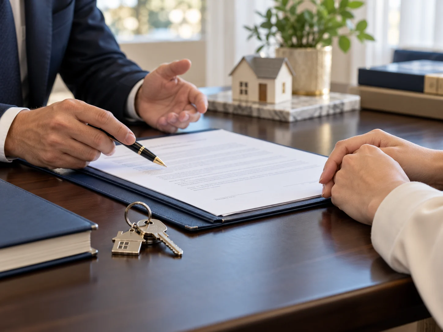 Mãos analisando contrato e documentos de imóvel