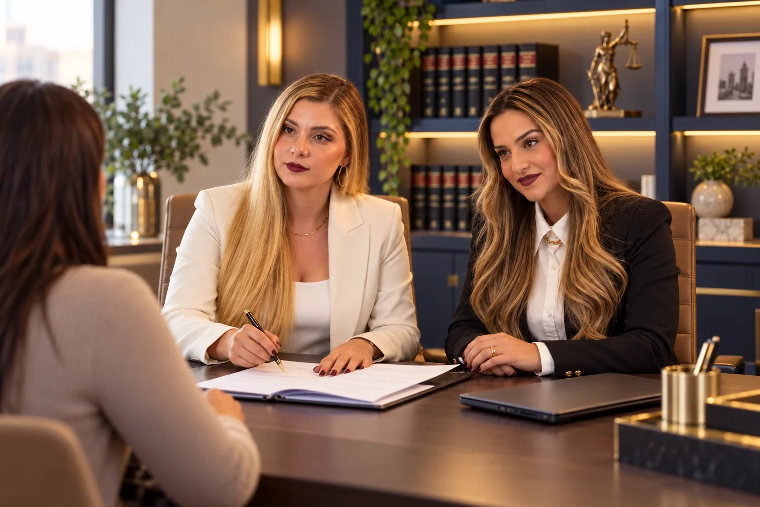 As advogadas conversam com uma cliente durante um atendimento